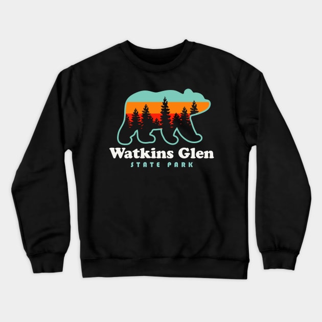 Watkins Glen State Park Hiking New York Retro Bear Crewneck Sweatshirt by PodDesignShop